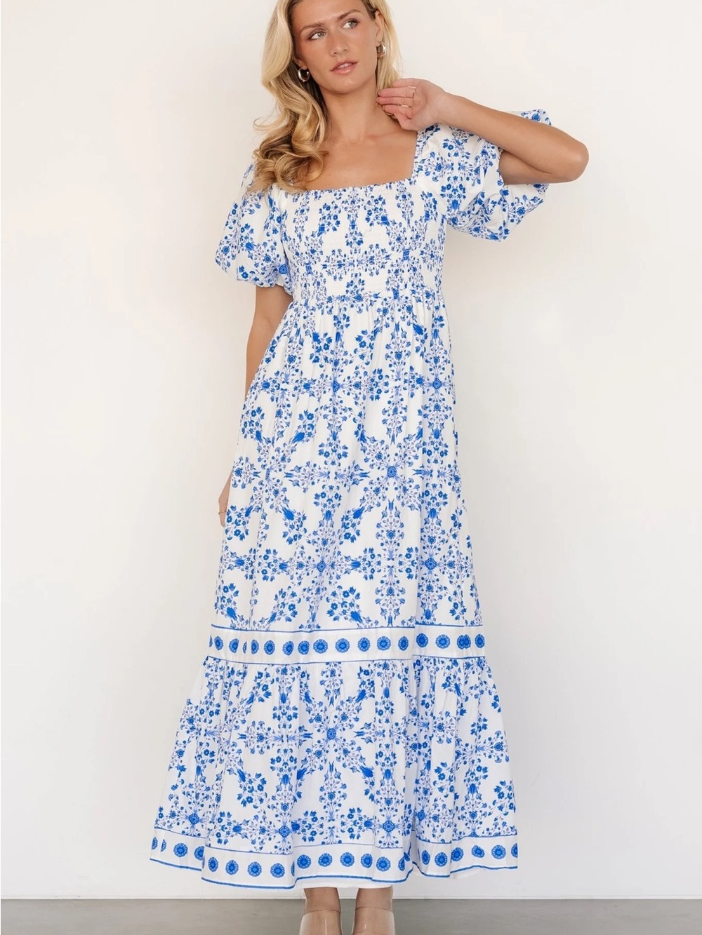 Sugarlips White and Blue Floral Square-Neck Maxi Dress